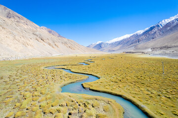  Landscape aerial view of mountains with river and green valley in Himalayas with blue sky in Nubra valley, Jammu and Kashmir, India. - obrazy, fototapety, plakaty