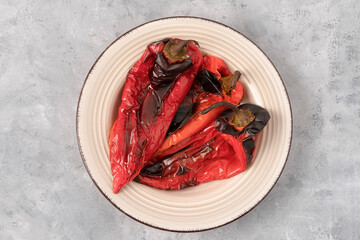 Top view of roasted red peppers, Balkan food