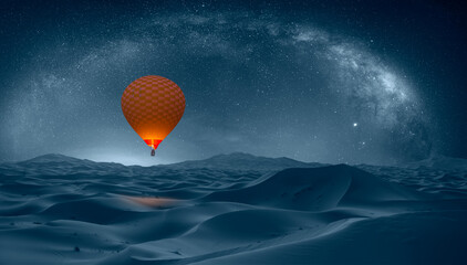Hot air balloon flying over Sahara desert - Amazing milky way over the sand dunes of Sahara Desert...