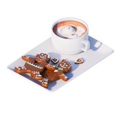 3D RENDERING OF CHRISTMAS COOKIES OR CHRISTMAS BISCUITS AND A CUP OF COFFEE ISOLATED ON WHITE PLAIN BACKGROUND