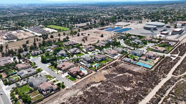 Aerial view of Rancho Cucamonga, located south of the foothills of the San Gabriel Mountains and Angeles National Forest in San Bernardino County, California, United States.