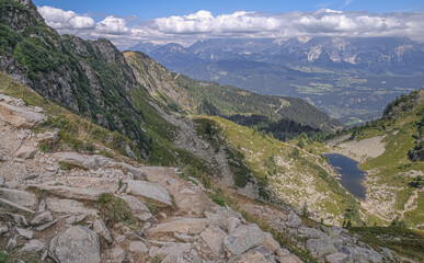 View of Spiegelsee [Mirror lake] as seen on the trial from Rippetegg summit back to Rieteralm, Schladming, Styria, Austria