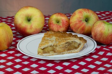 Closeup of a piece of apple pie on a plate on a red and white checkered tablecloth.