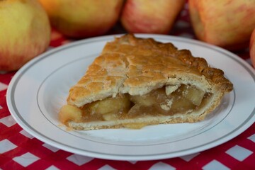 Closeup of a piece of apple pie on a plate on a red and white checkered tablecloth.
