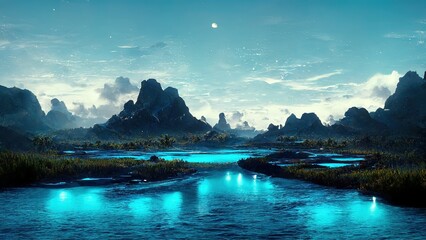 Natural scenery in the evening. Blue light shining in the river. Made by AI.
