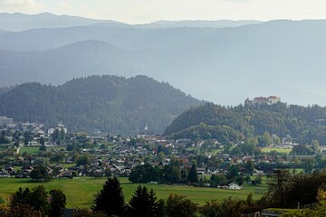 Aerial view of the town of Bled in the mountains of Slovenia