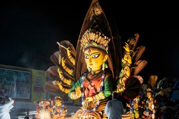 Godess Durga idol in Kolkata Puja Carnival.Durga Puja is the most important wohindu festival
