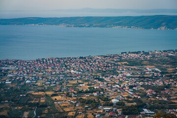 Aerial shot of the city of Split facing the Adriatic Sea in Dalmatia, Croatia