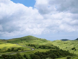 Green landscape with mountains and a cloudscape in the background