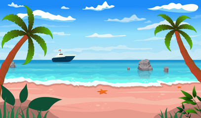 Fototapeta na wymiar Cartoon summer beach, seaside landscape, tropical beach relax, vector background illustration.