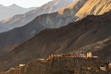 Old tibetan Jhong (Dzong) village near Muktinath in sunny winter evening. Annapurna circuit /...