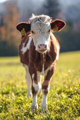 Vertical shot of a cute white brown domestic cow with ear tags grazing on a rural field © Lana Mršnik1/Wirestock Creators