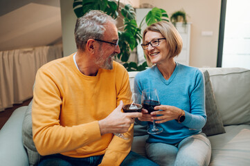 Senior couple relaxing together on the sofa at home and drinking wine