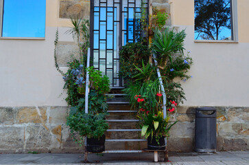 Plakat Entrada a una oficina desde la calle con escaleras con plantas y dos ventanas 
