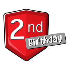 2nd birthday on red Secure shield. 
vector illustration isolated on white background. Flat design 