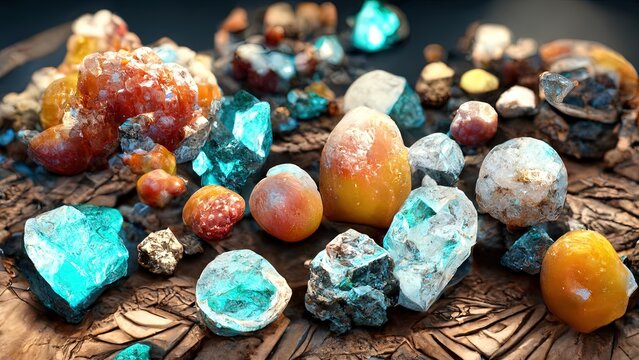 Beautiful sparkling crystals and minerals.Made by AI.