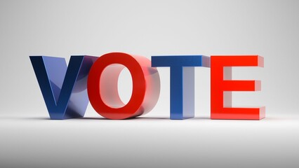 Digital 3D render of red and blue letters spelling out VOTE on a gray background