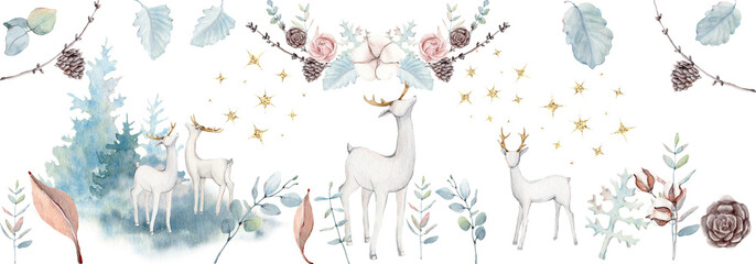 Christmas winter animals with flowers, stars. New year watercolour illustration. Forest Deers.