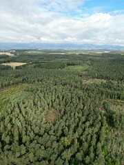 Fototapeta na wymiar Aerial vertical shot of the green Devilla Forest landscape in Scotland with a scenic cloudscape