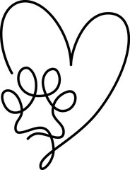 Heart with cat or dog paw in continuous one line drawing logo. Minimal line art. Animal foorprint in heart. Pet love concept