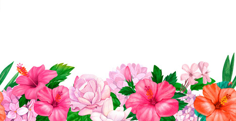 Watercolor greeting card with flowers, hibiscus and hydrangea seamless border. Can be used as invitation card for wedding, birthday and other holiday and summer background