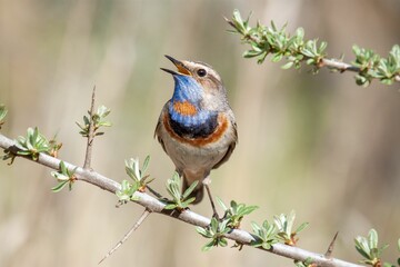 Selective focus shot of a bluethroat bird perched on a tree branch