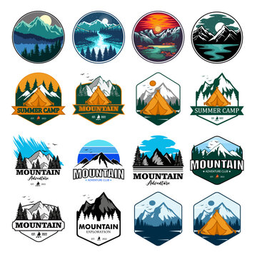 Set of mountain logo vector illustrations. Premium abstract design for logo, badge, sticker, club, or shirt.