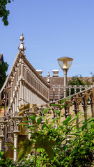 Old raised exterior railing on a staircase of a villa with copy space