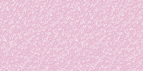 Seamless pattern with abstract leaves and curls, white line on pink background. Hand drawn outline floral design. Monochrome vector, delicate female print for fabric, wrapping paper and wallpaper.