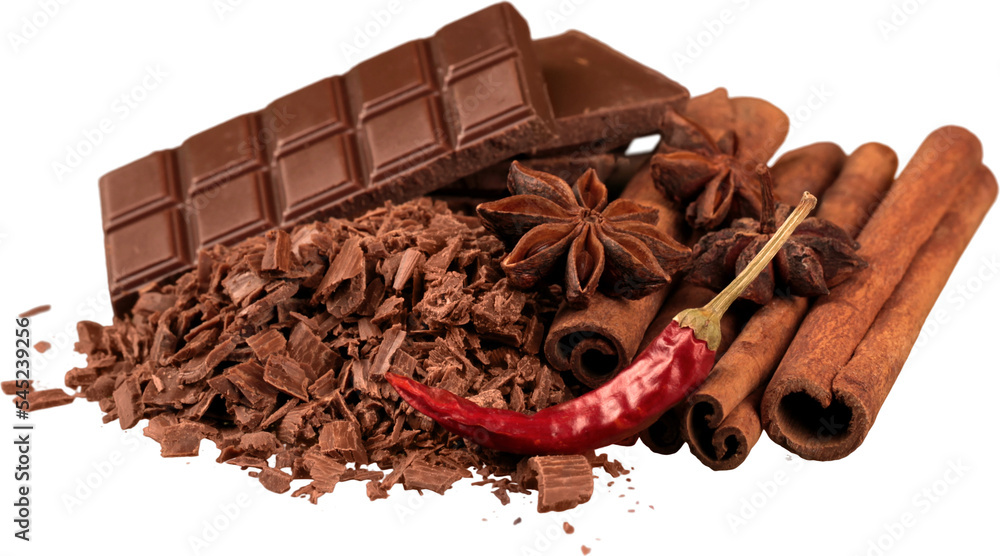 Poster Chocolate Products with Cinnamon, Anise and Chilli Pepper - Isolated