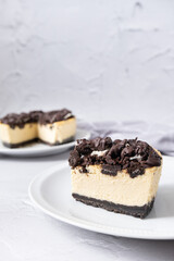 Cheesecake with cracker base and white background 