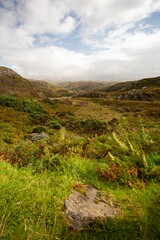 Vertical shot of a narrow road surrounded by the mountains and hills on a gloomy day