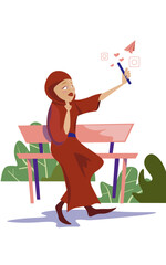 a young girl from Saudi Arabia in a hijab takes a selfie on her phone