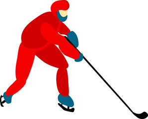 hockey player. A man in a red hockey suit with a stick and a puck. Athlete on ice. Winter sport.