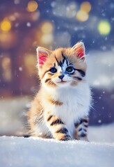 Little kitten in the snow, winter landscape, Christmas card 
