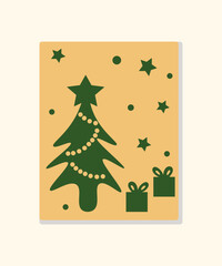 Naklejka na ściany i meble Christmas card in beige tones. Beige and green colors. Christmas tree and stars. Vector illustration.