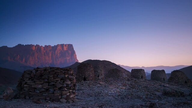 Beautiful Sunrise 4K time lapse at Al ayn beehive tomb, Jebel shams mountain in Oman