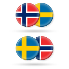Norway and Sweden circle flags. 3d icon. Round Norwegian and Swedish national symbols. Vector illustration.