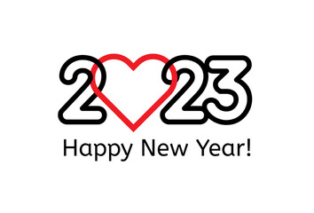 2023 numbers with heart in contour style. Happy New Year event poster, greeting card cover, 2023 calendar design, invitation to celebrate New Year and Christmas. Vector illustration