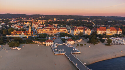 The Sopot Pier and beautiful Sopot, Poland. Amazing view from drone.