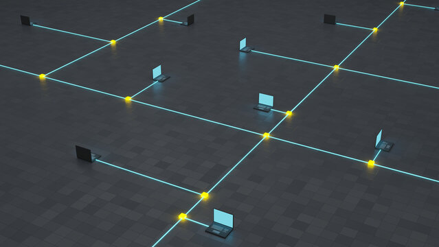 Computers or workplaces connected in a network. Hub joints glowing.  Isometric view. 3D render.