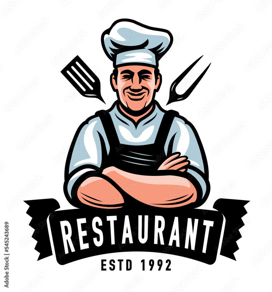 Sticker restaurant logo. happy chef in hat with meat frying tools. grill food emblem. food concept vector il