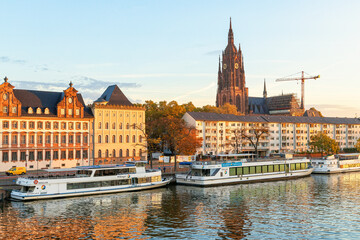 Frankfurt am Main, Germany - October 17th, 2022: Beautiful view to historic old town and modern buildings in the city of Frankfurt am Main where historic and contemporary architecture meet.
