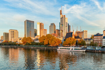Frankfurt am Main, Germany - October 17th, 2022: Beautiful view to modern buildings in the city of Frankfurt am Main where historic and contemporary architecture meet.