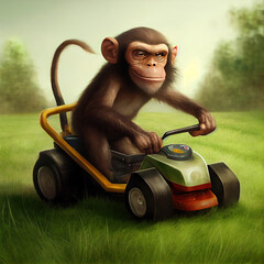 Monkey pushing lawnmower