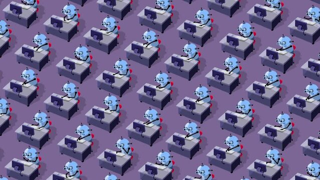 Robots working in office as employees - four times more characters. Dark background. AI cartoon animation motion graphic explainer style flat 2d. Artificial intelligence replacing human work. 
