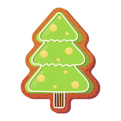 Gingerbread in cartoon style. Cookie in the form Christmas tree. Colorful vector illustration isolated on white background.