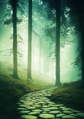 Vertical shot of the winding stone path in a mystical forest