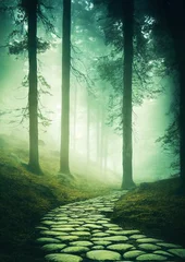 Zelfklevend Fotobehang Vertical shot of the winding stone path in a mystical forest © Chrixxi/Wirestock Creators