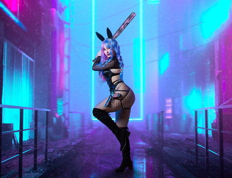 cyberpunk cosplay of a sexy girl in a boudoir outfit with a gun and bunny ears